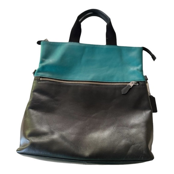 Coach Charles Perforated Leather Seagreen/Black Foldover Tote. - Picture 7 of 12